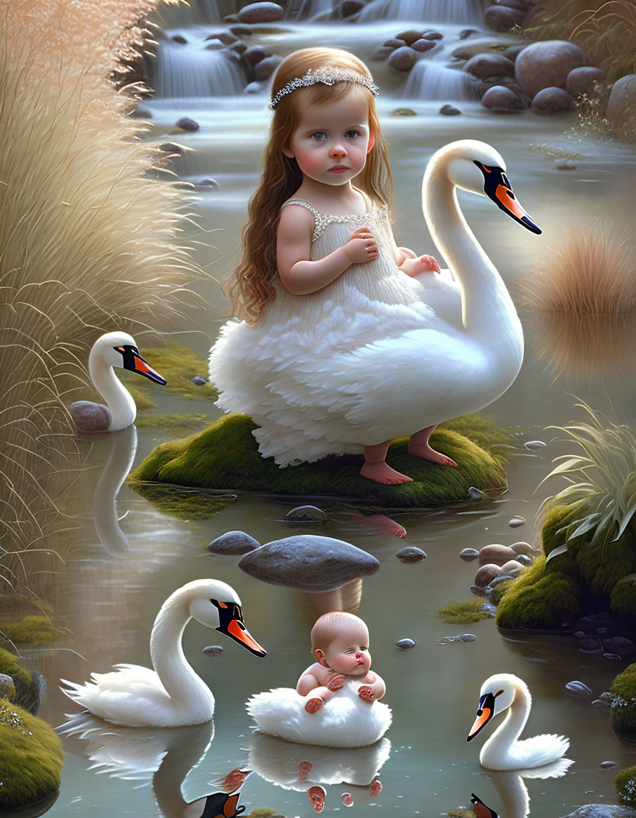Young girl in white dress on swan surrounded by water and rocks.
