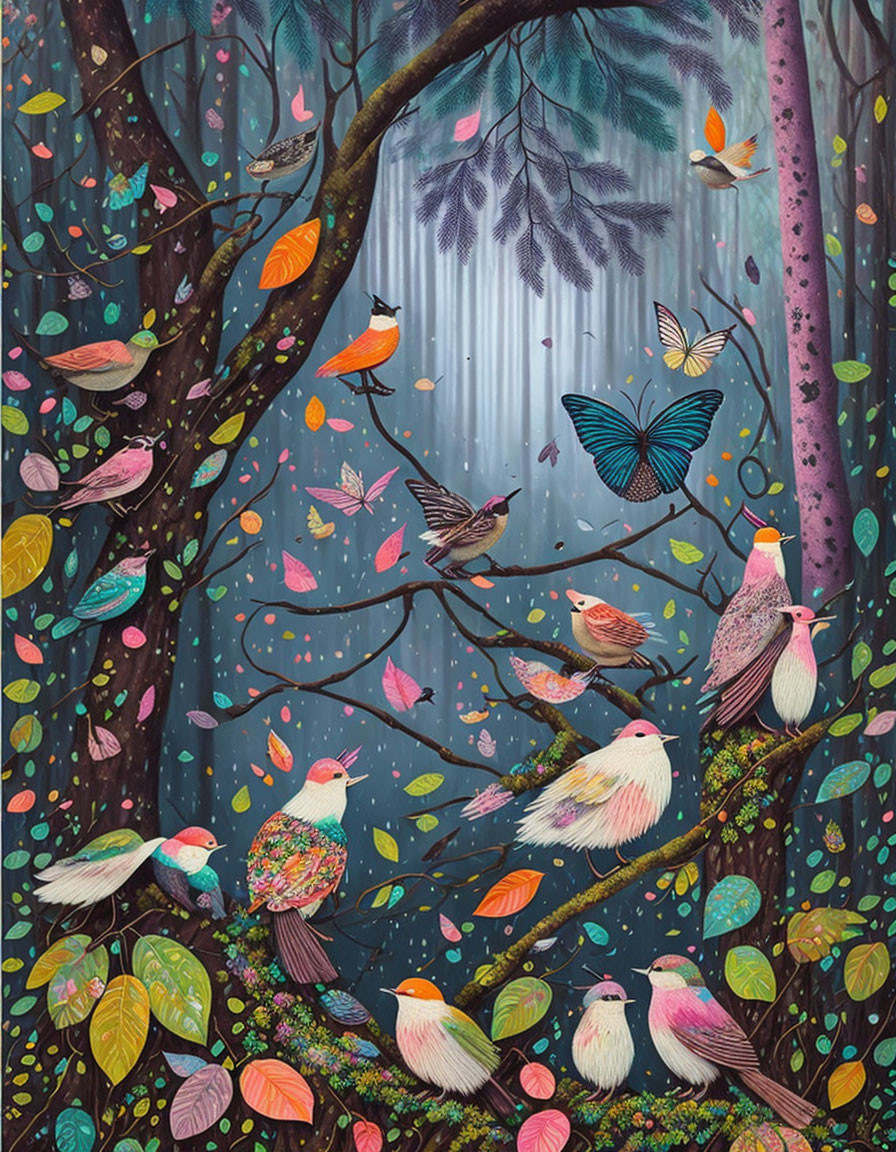 Colorful forest painting with birds, butterflies, and soft light.