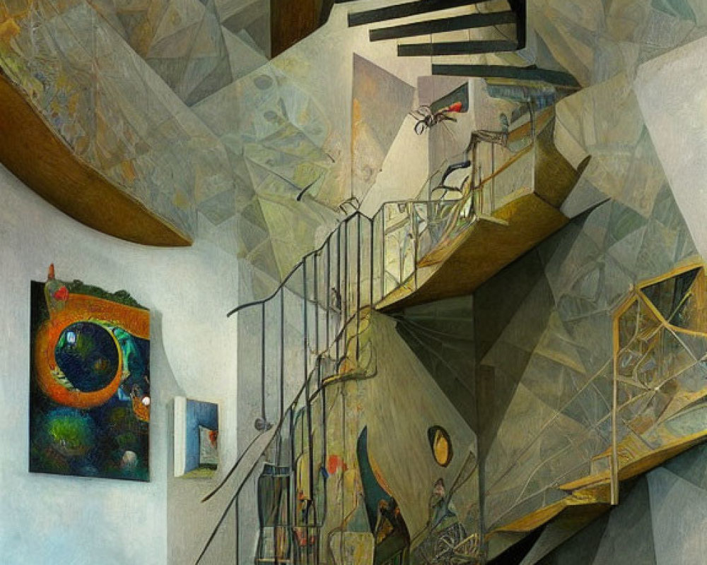 Vibrant surrealistic painting of celestial labyrinth with stairs and rooms