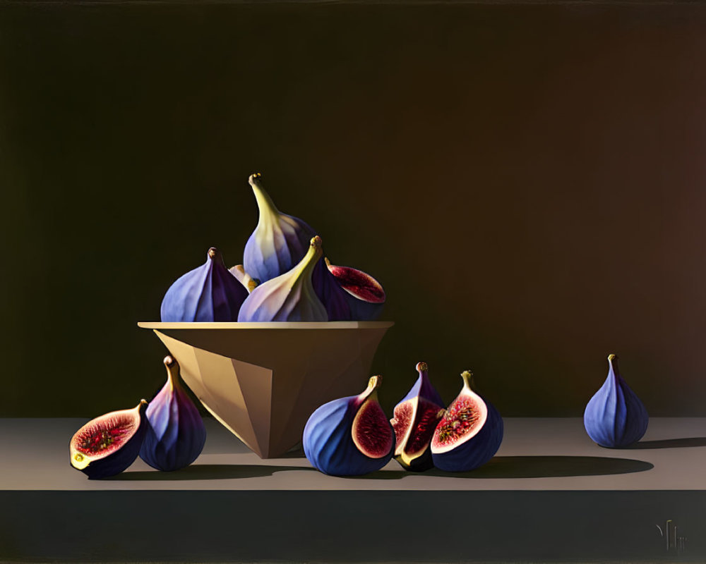 Ripe figs in a still life painting with beige bowl