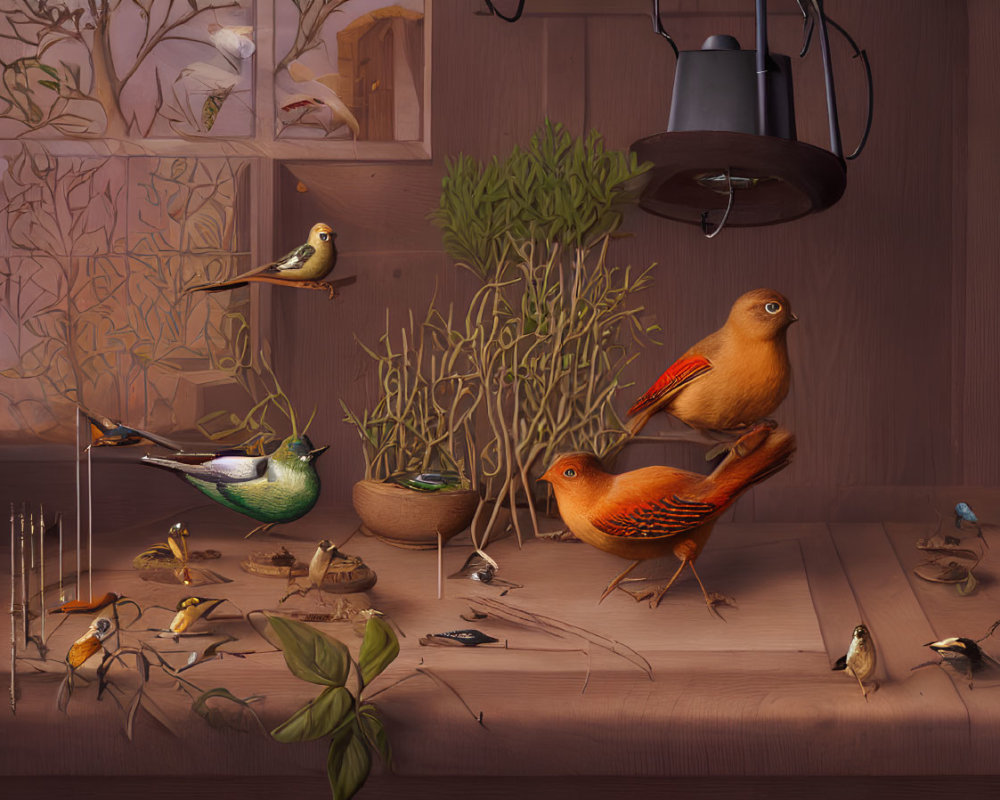 Illustration of stylized birds in a whimsical room with earthy tones
