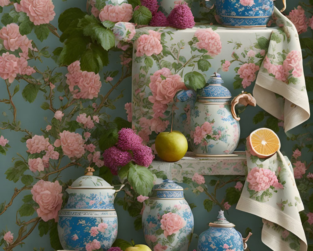 Vintage Floral Arrangement with Ceramic Teapots, Vases, and Pink Flowers