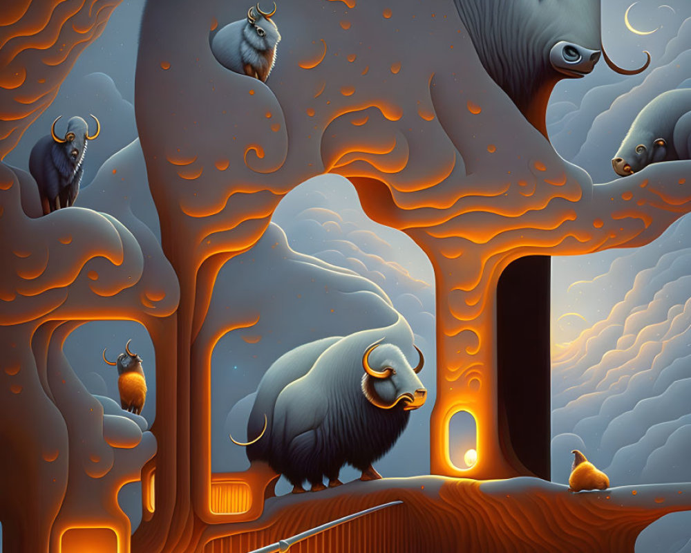 Whimsical illustration of blue bison-like creatures in orange tree landscape