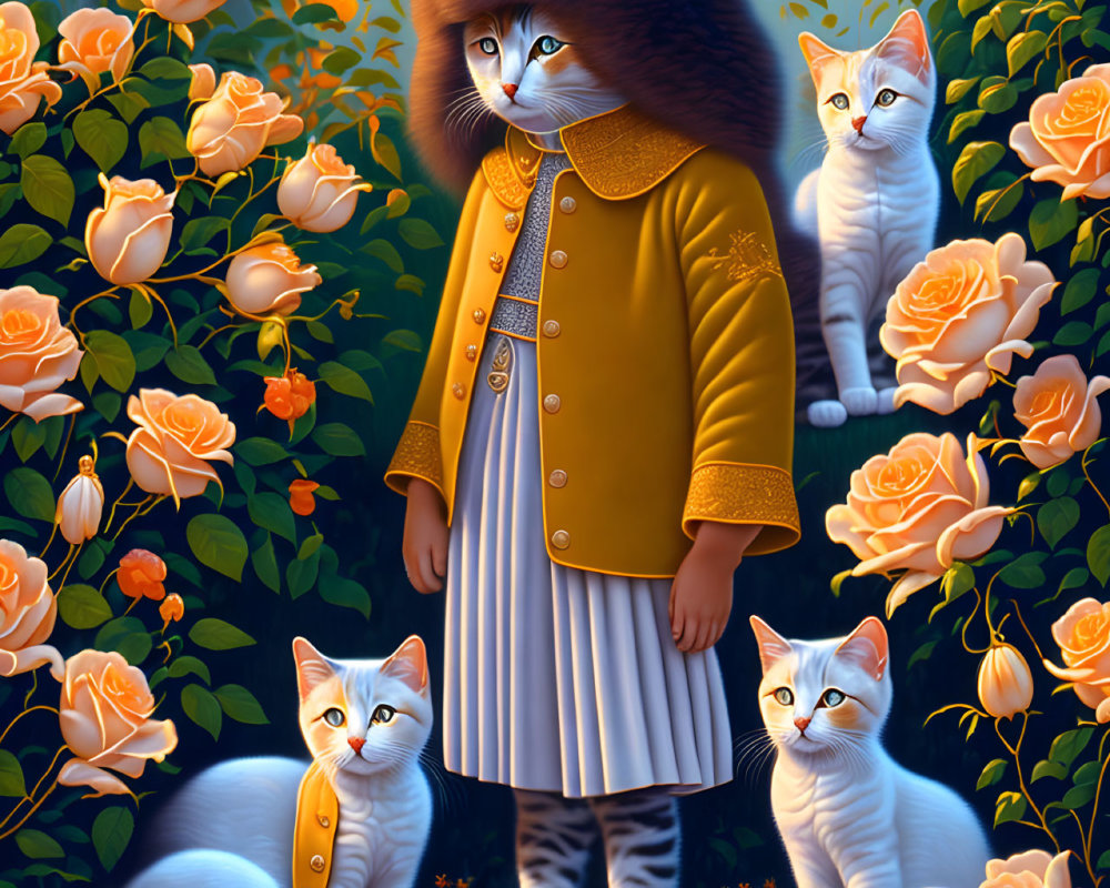 Anthropomorphic cat in yellow coat with kittens among roses in surreal setting