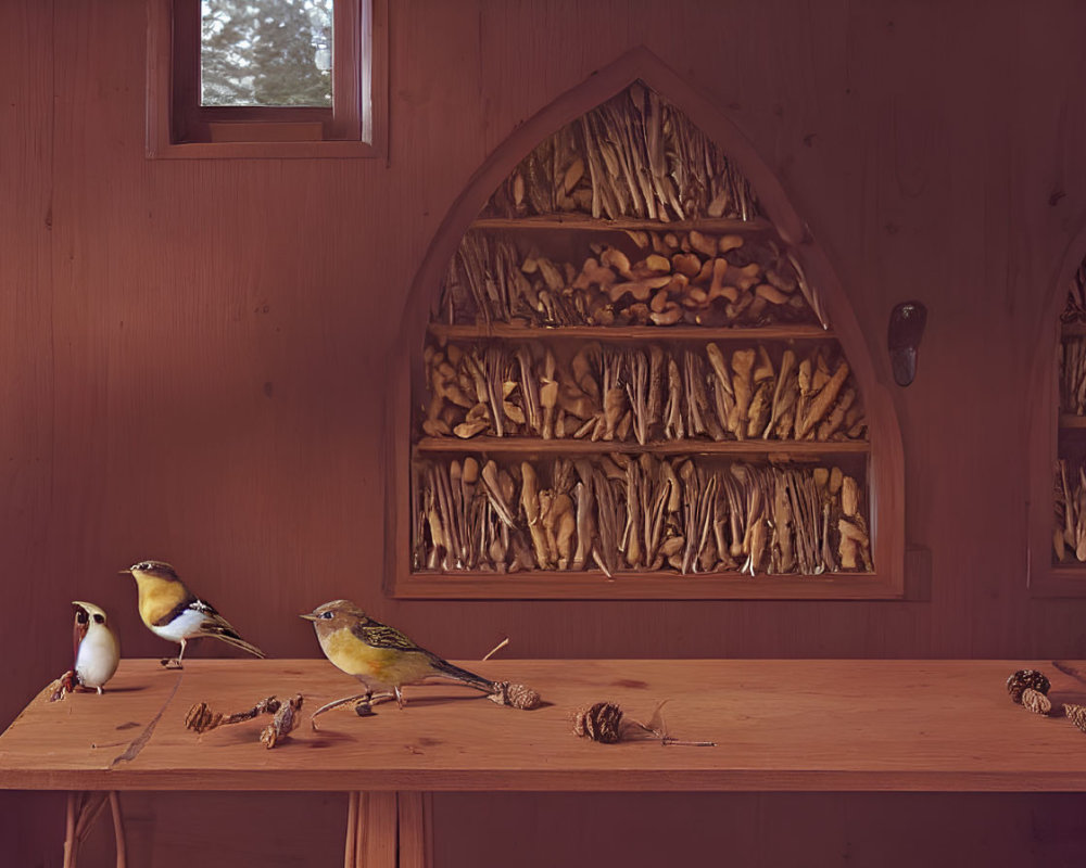 Rustic wooden interior with gothic window, firewood, birds, and pinecones