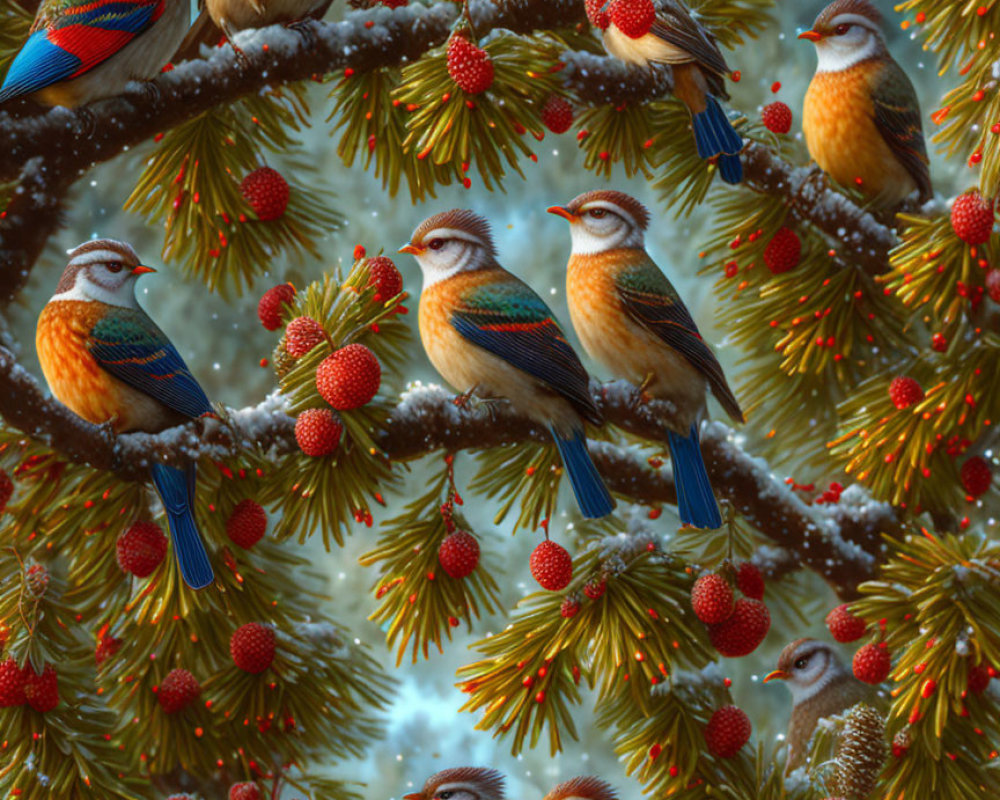 Vibrant birds on snowy evergreen branches with red berries in winter landscape