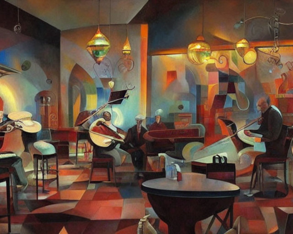 Surrealistic Jazz Bar Painting with Musicians and Instruments