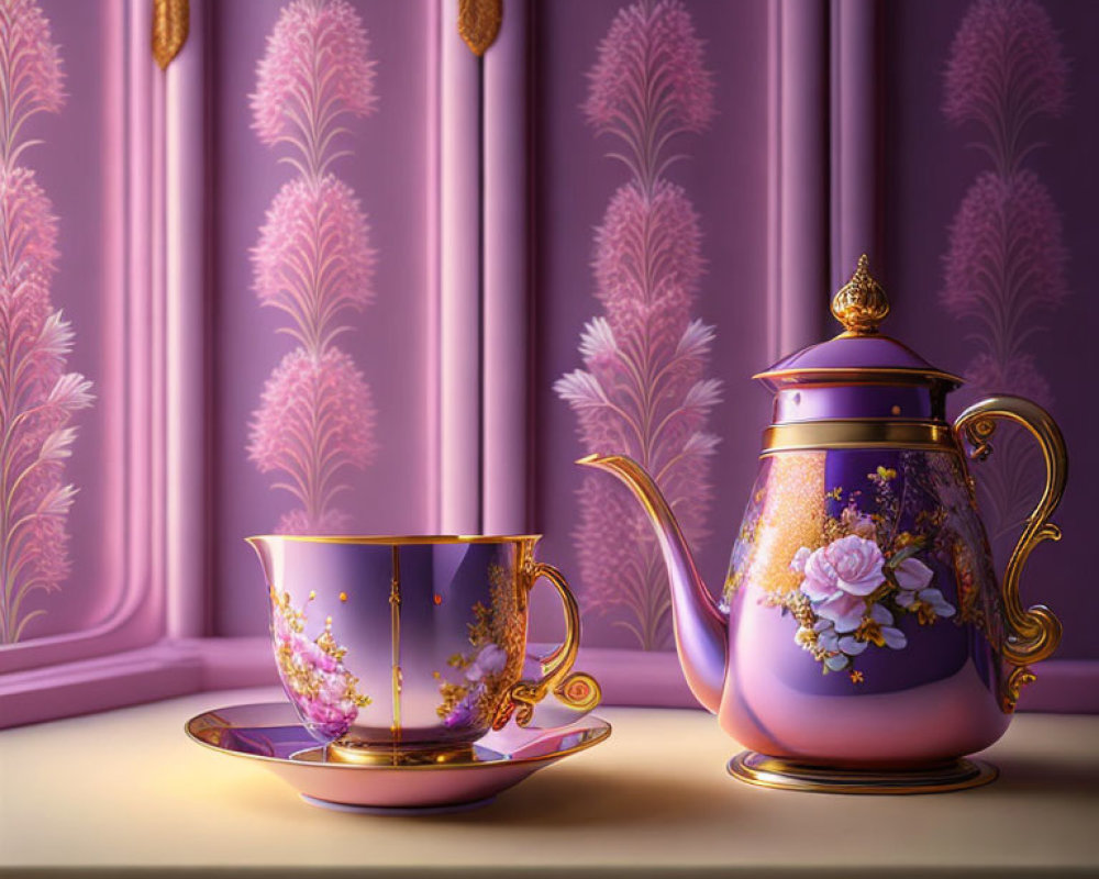 Purple and Gold Floral Tea Set on Purple Background
