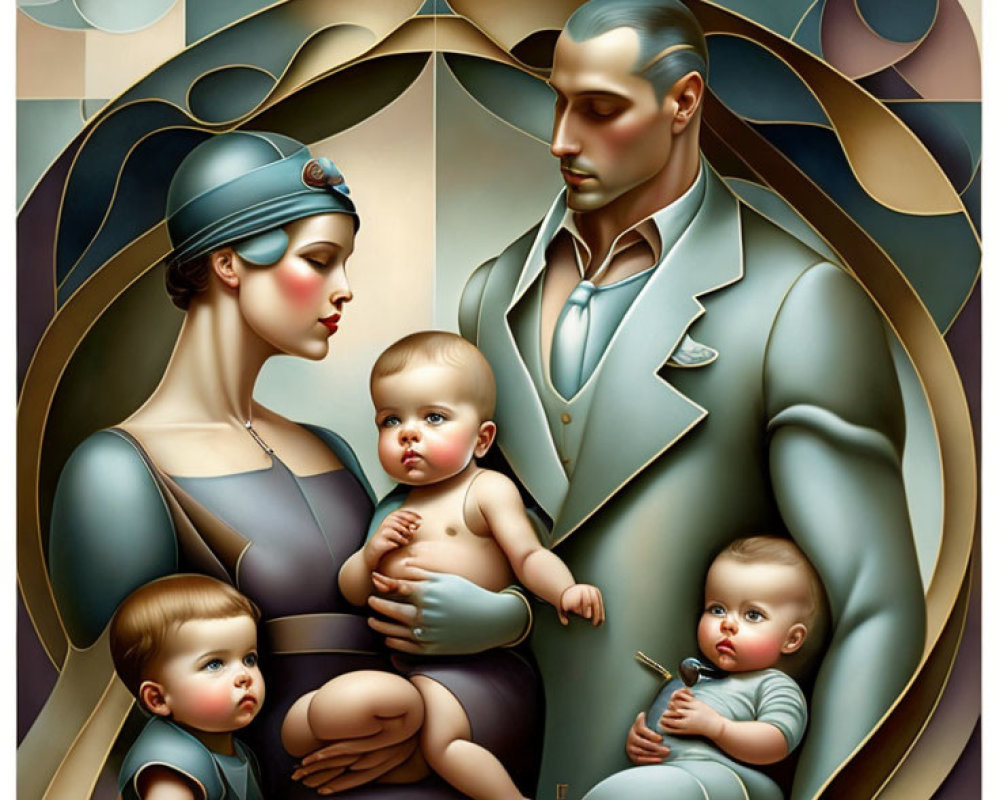 Stylized painting of family with three babies, father smoking pipe, mother embracing children