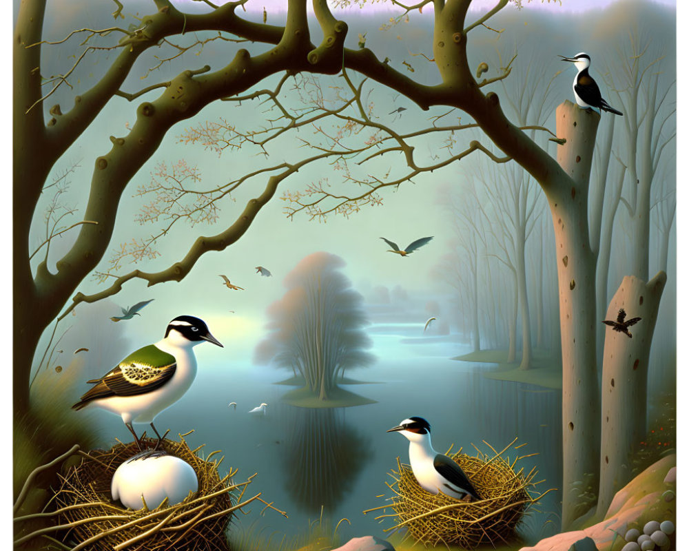 Tranquil forest scene with birds, misty lake, trees, warm glow