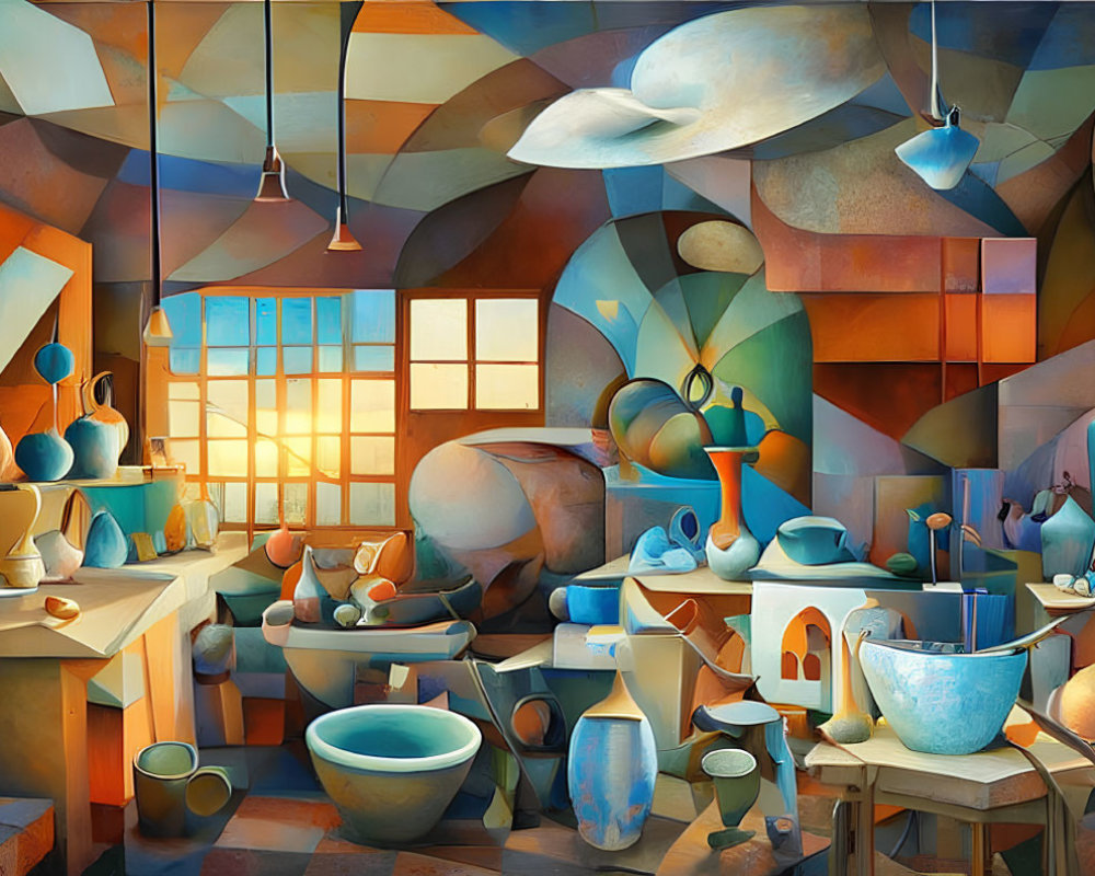 Abstract Blue Pottery in Vibrant Studio Setting