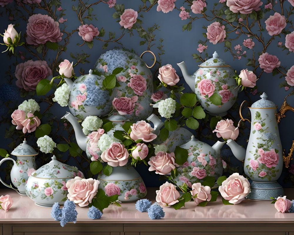 Floral Pattern Porcelain Tea Set with Dark Background