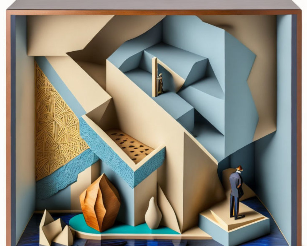 3D artwork of Escher-like structure with stairs and figure