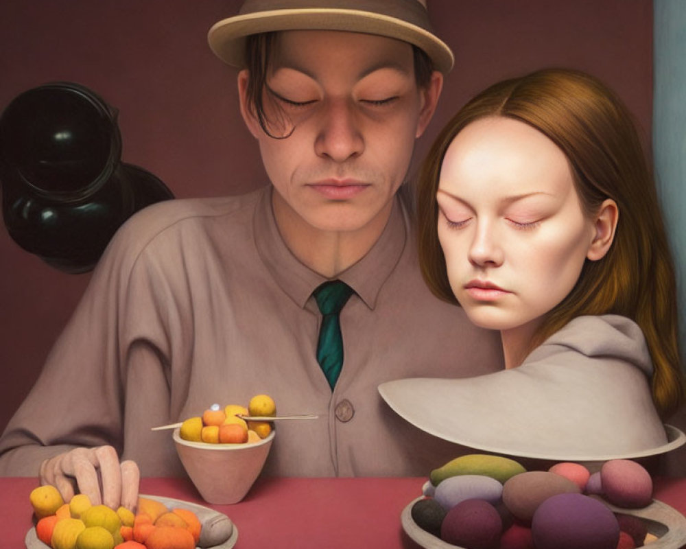 Man with Closed-Eye Woman and Colorful Fruits on Table