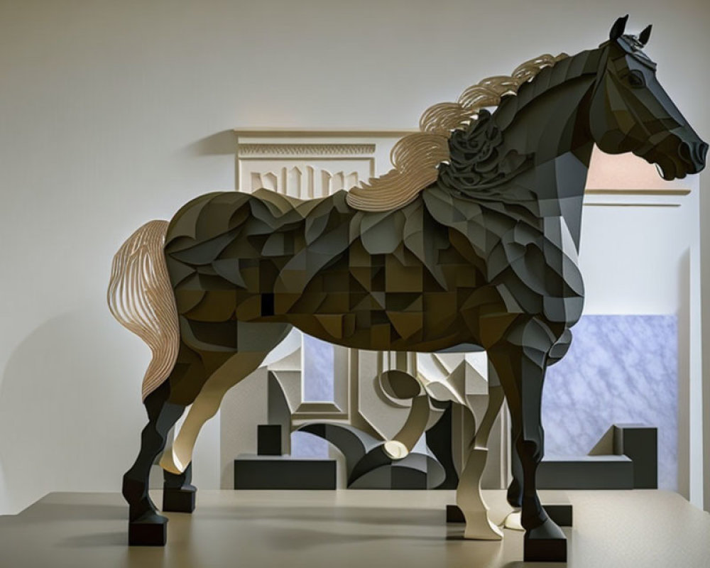 Modern Brown Layered Horse Sculpture in Classical Room