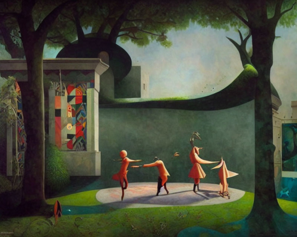 Surrealist painting of three figures dancing in forest clearing