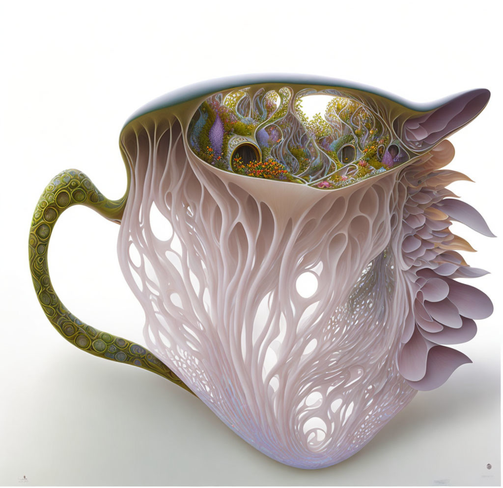 Intricate surreal mug design with organic cellular elements