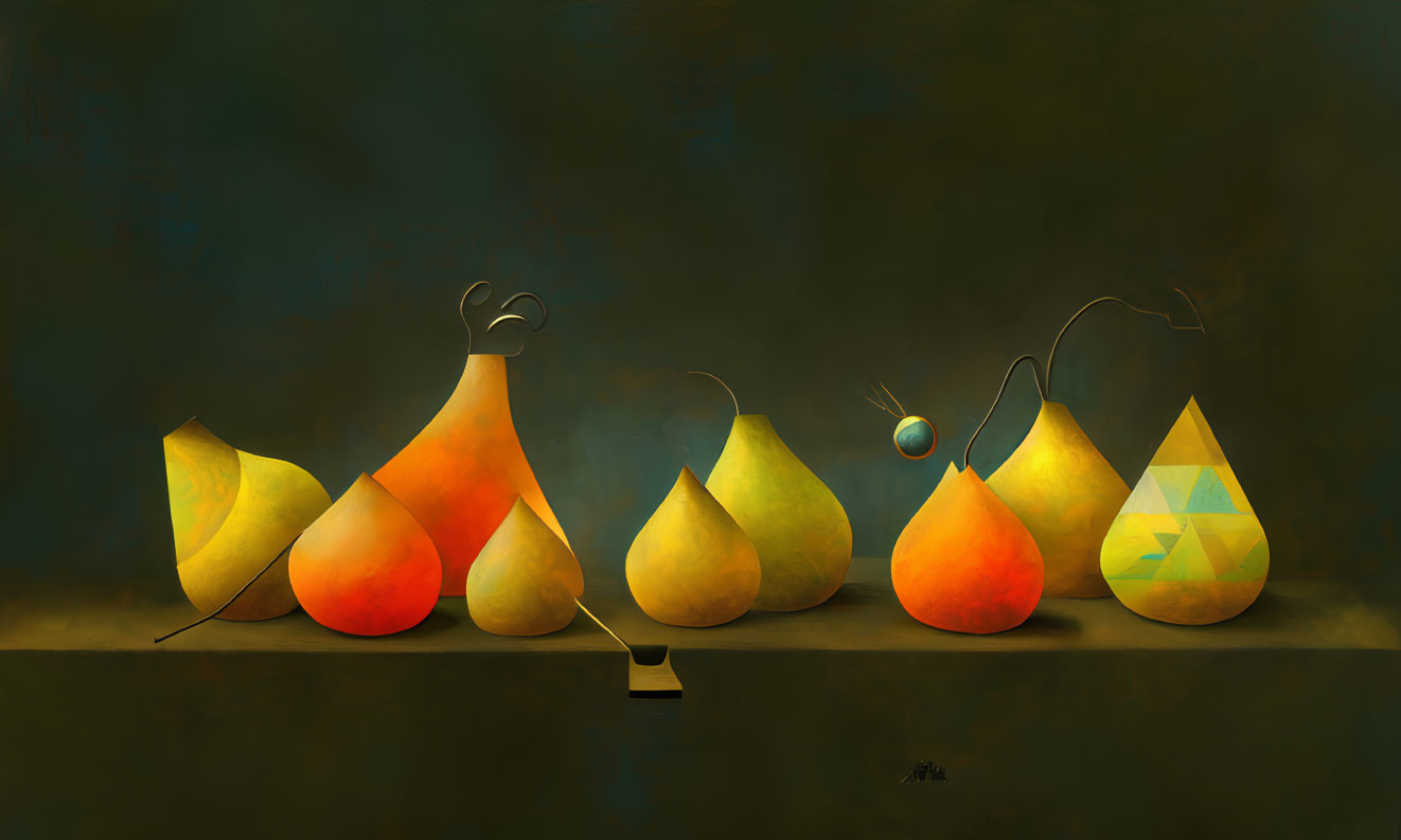 Five stylized pears in various sizes and tones on dark shelf with sliced one, against teal background