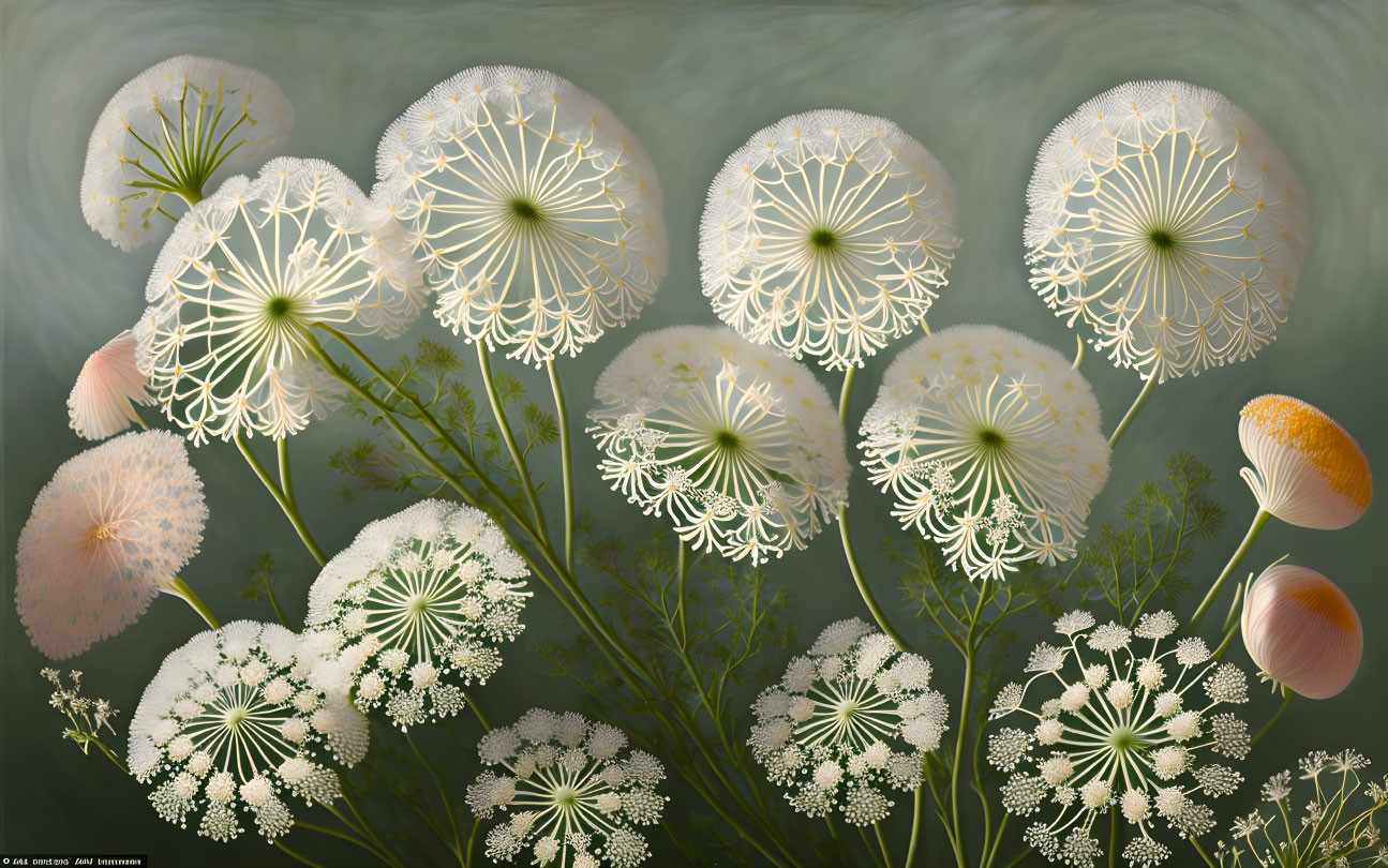 Detailed digital artwork of dandelion-like flowers on textured green background
