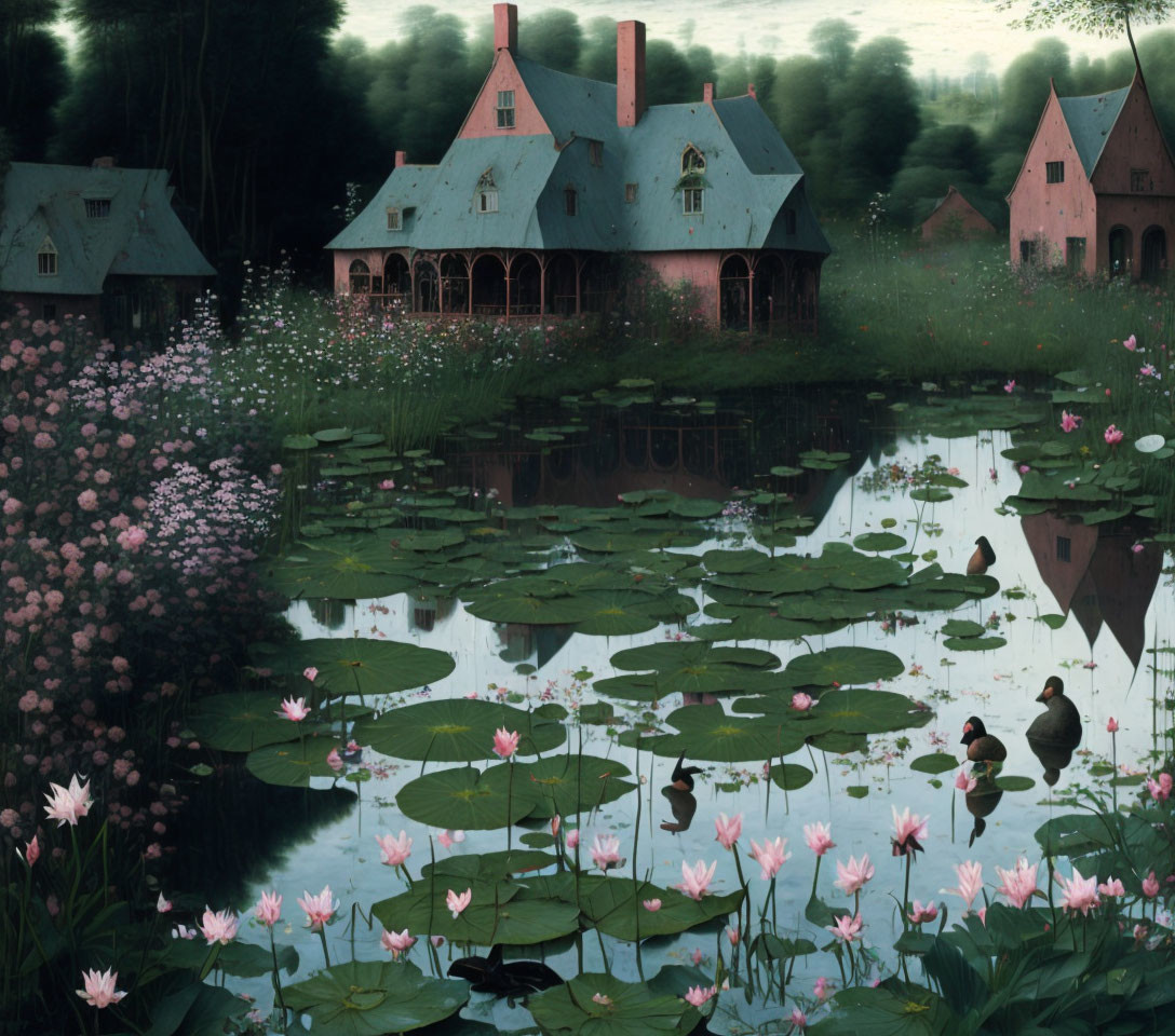 Enchanting Houses by Serene Pond at Dusk