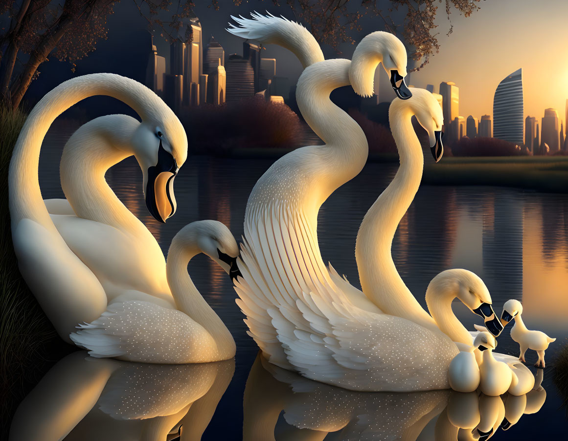 Six swans by serene lake with city skyline at twilight