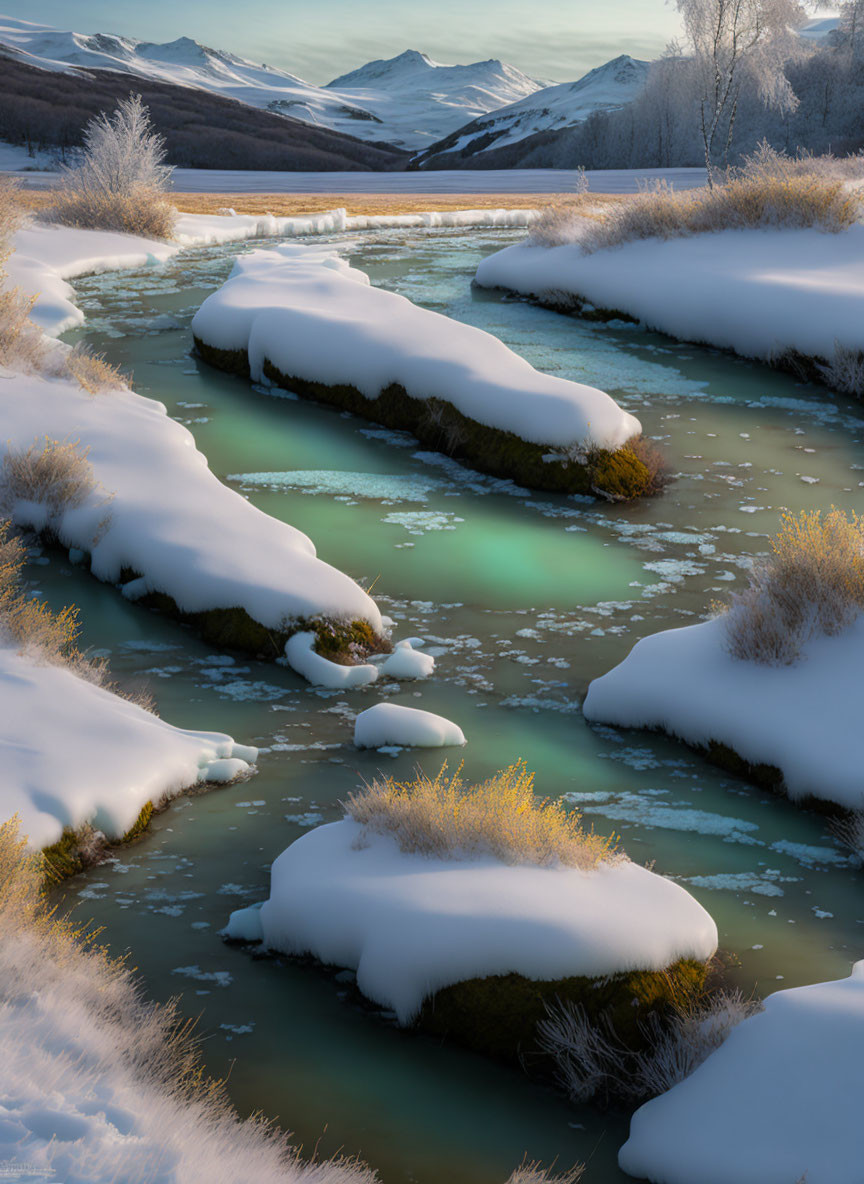 Snow-covered river with frozen banks and distant mountains in serene winter scene