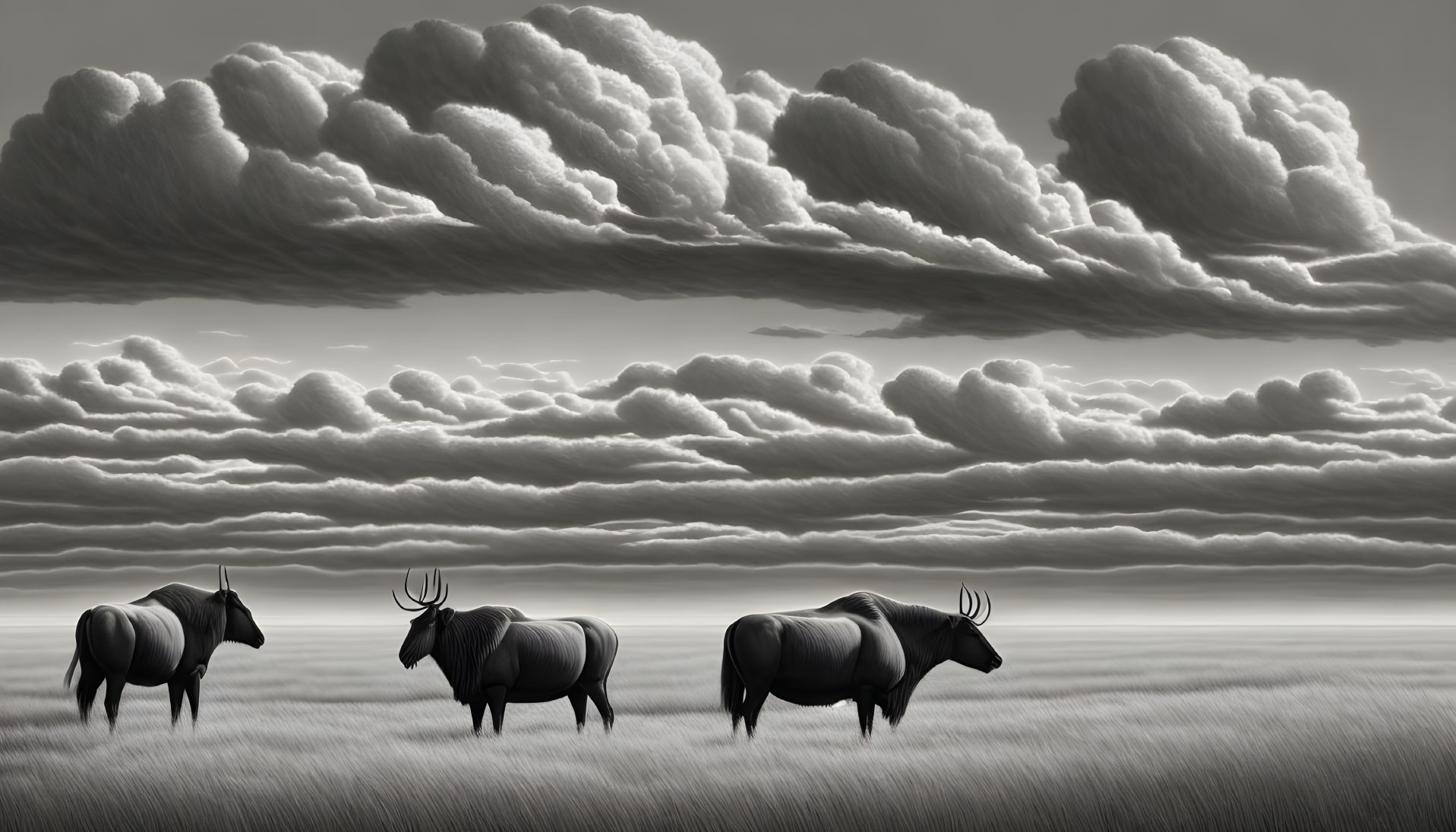 Grayscale image: Three wildebeests in tall grass under dramatic sky