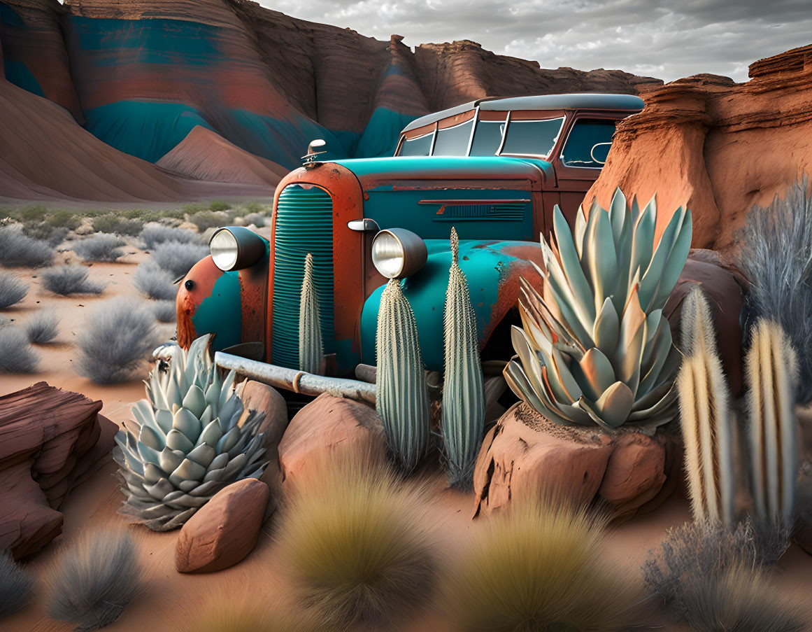 Abandoned turquoise truck in desert with sandstone formations and cacti