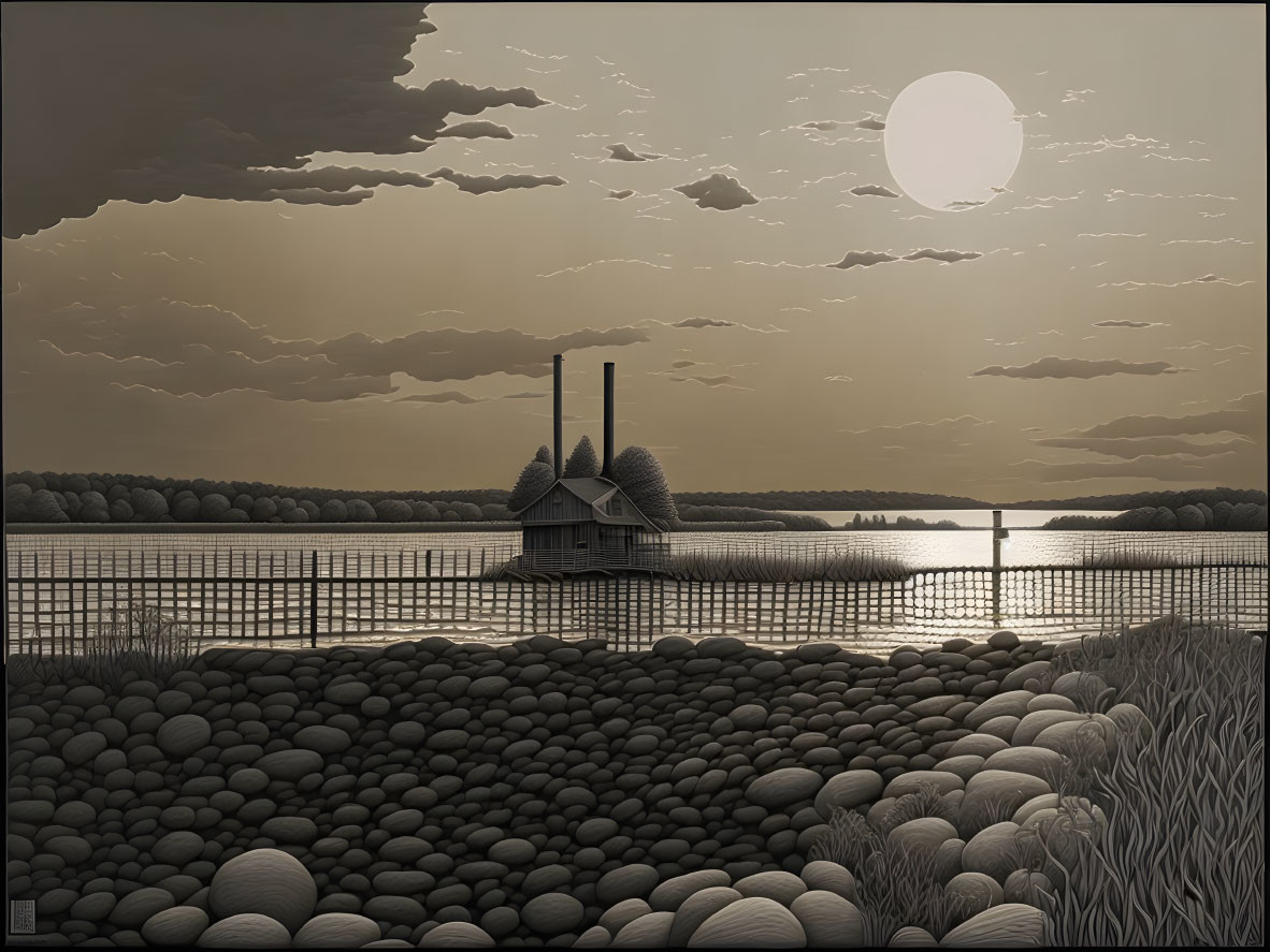 Monochromatic artwork of serene sunset landscape with river, house, and pier