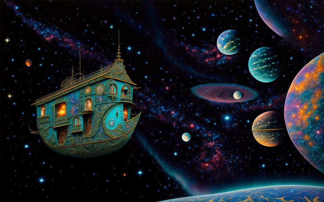 Colorful Flying Boat in Space Surrounded by Planets and Stars