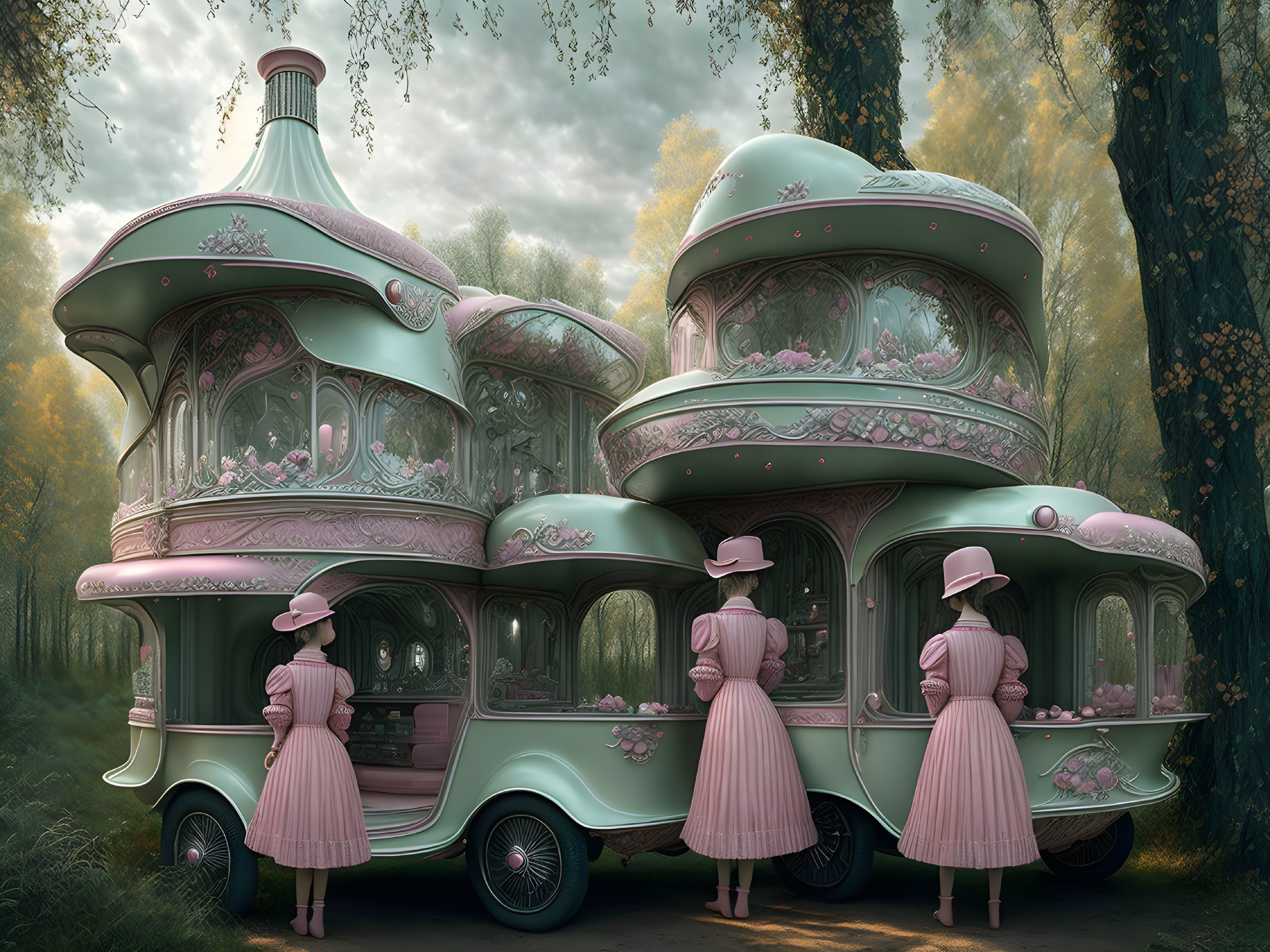 Victorian-style Green Carriages in Mystical Forest with Women in Period Clothing