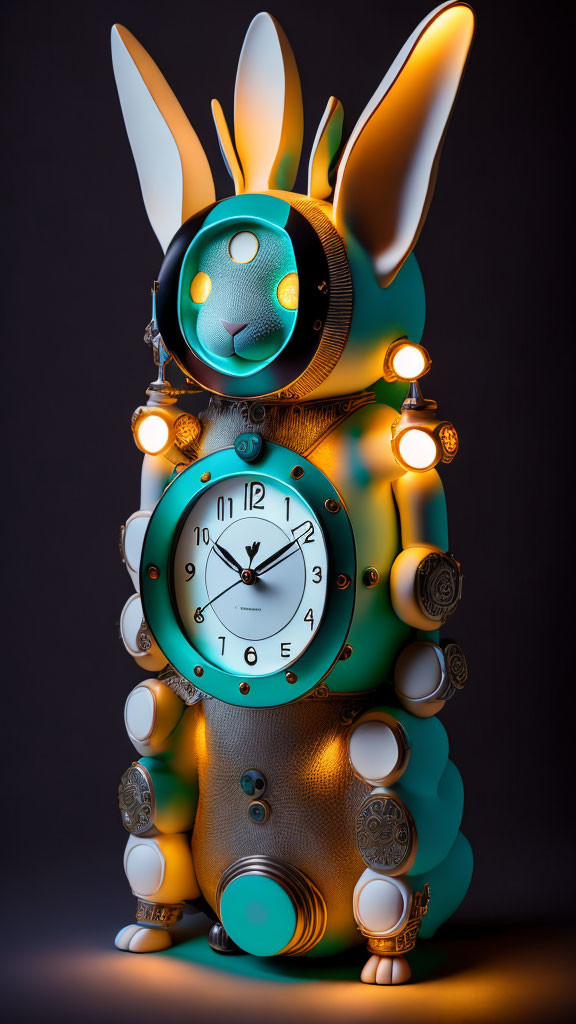 Steampunk-inspired rabbit sculpture with clock body and illuminated eyes