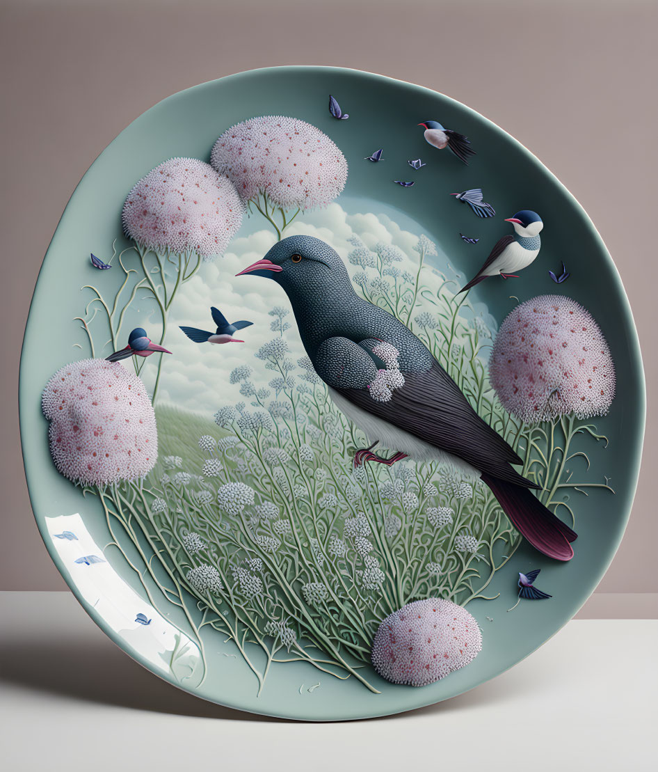 Stylized Bird and Flower Decorative Plate with Pale Backdrop