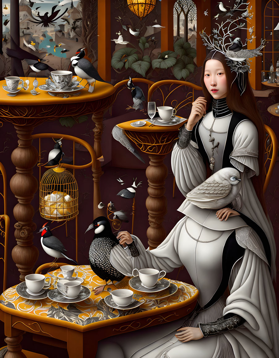 Detailed woman in dress surrounded by birds, birdcages, and teacups on brown backdrop