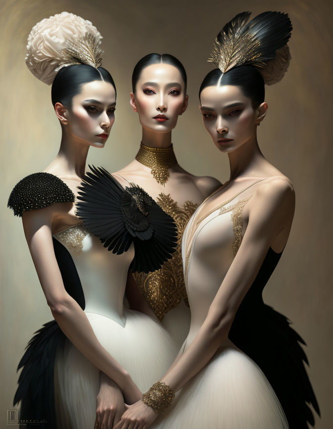 Models with Striking Makeup, Elaborate Hairstyles, and Feather Accents in Elegant Dresses