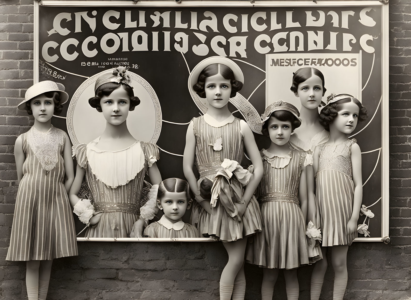 Six young girls in vintage clothing posing with alphabetic signs in nostalgic photo.