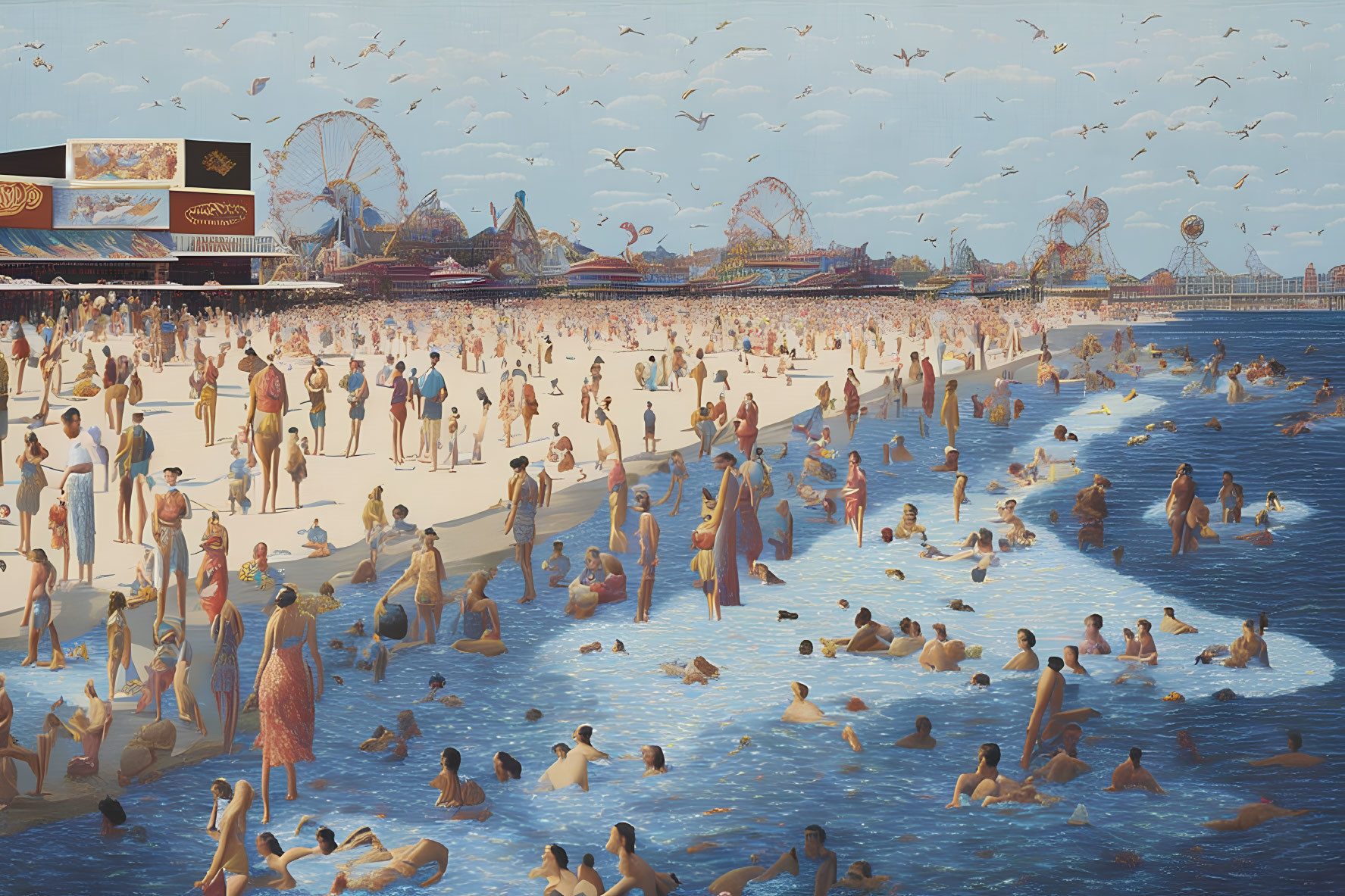 Crowded beach with swimmers and sunbathers, boardwalk with amusement park rides, clear blue