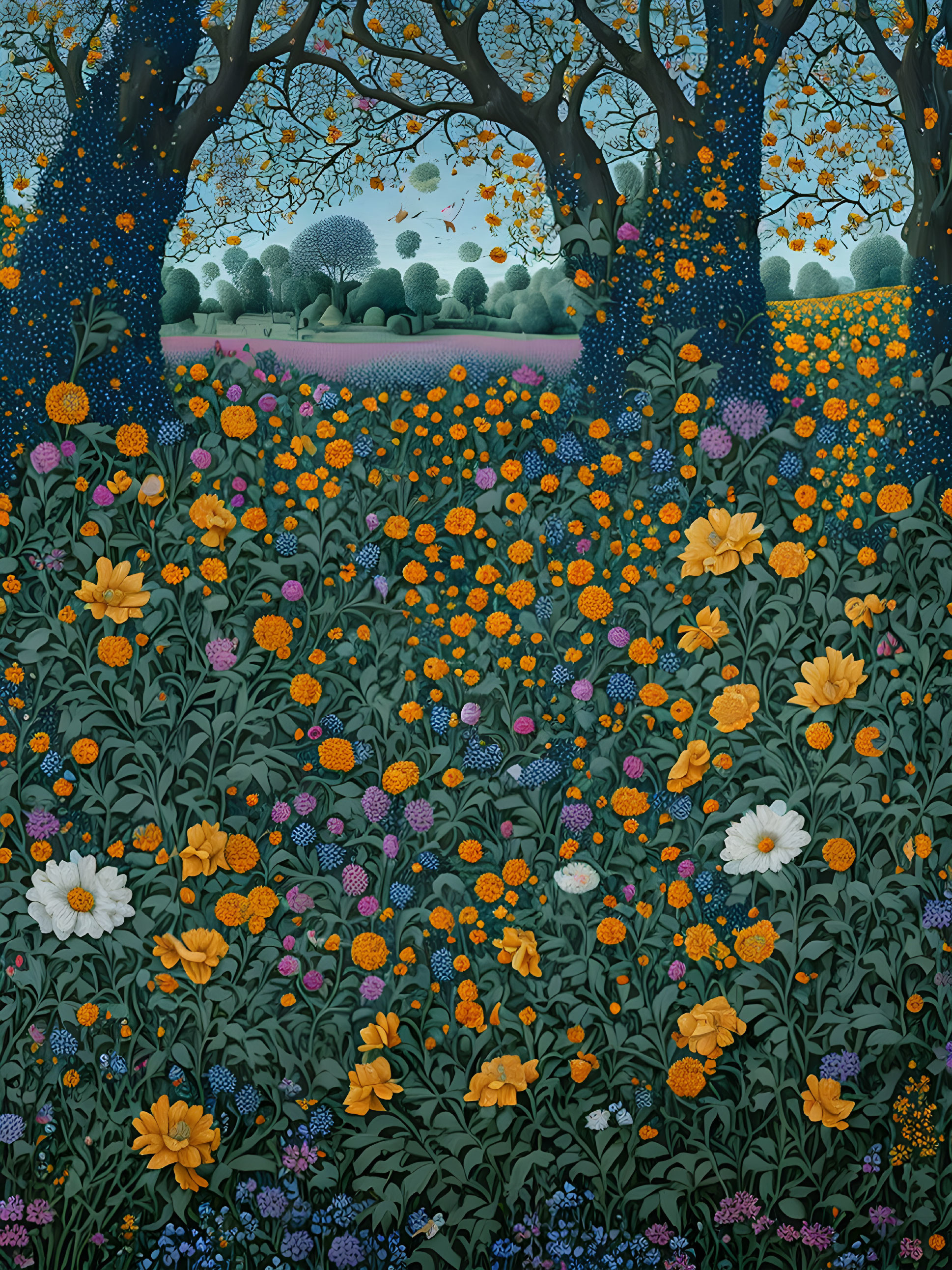 Colorful Flower Garden Illustration with Trees and Meadow Scenery