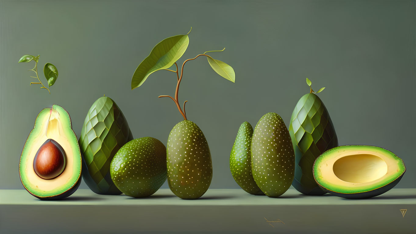 Digital painting of avocados in different stages of peeling and slicing, one with a sprout