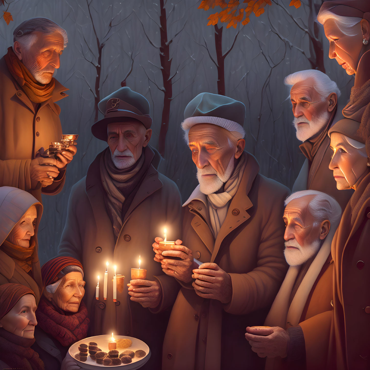 Elderly people in twilight forest with candles and revolver