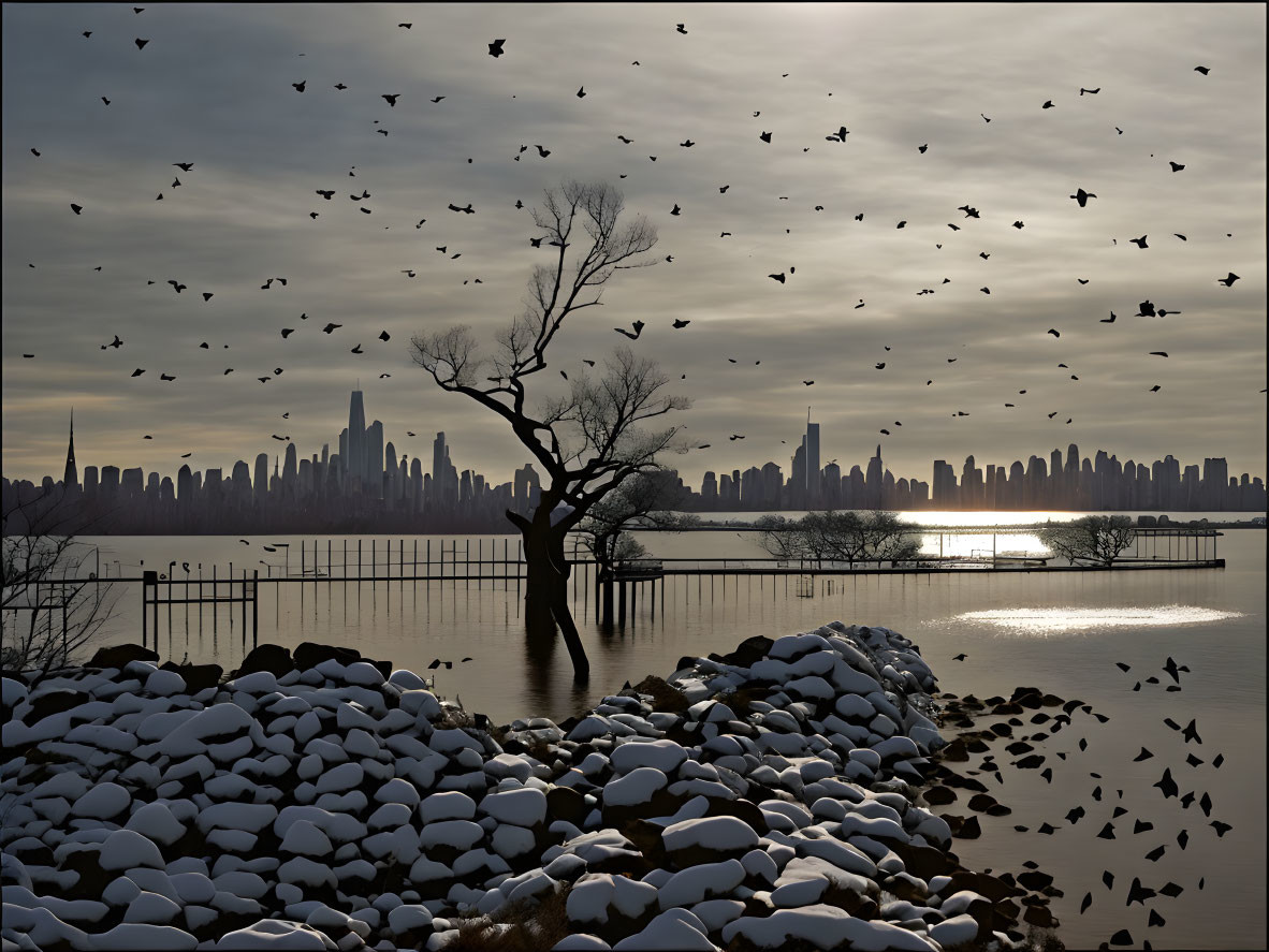 Snowy waterfront with flying birds, lone tree, and city skyline at sunset