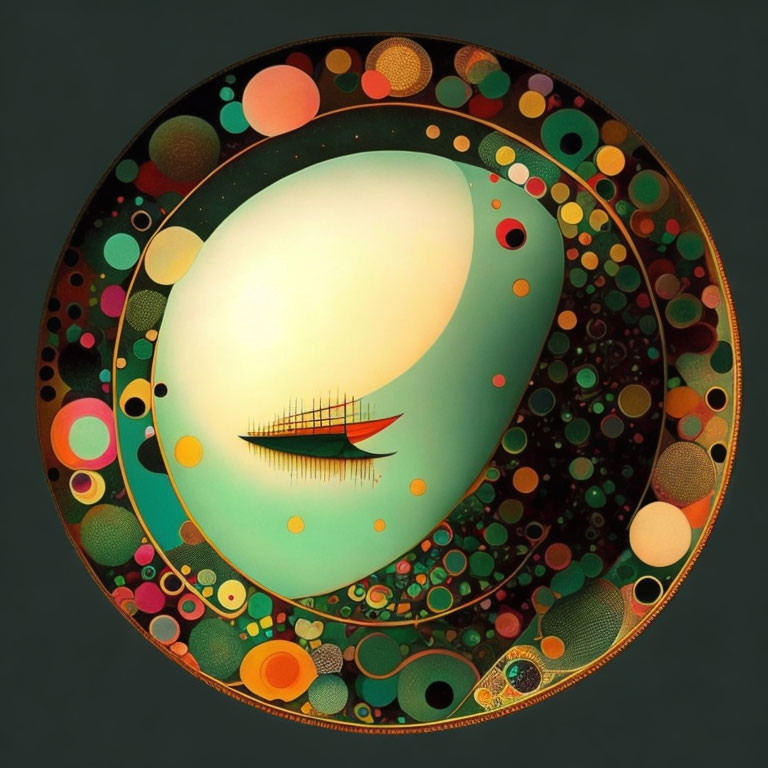 Circular Abstract Artwork with Egg Shape, Dots, and Ship Silhouette