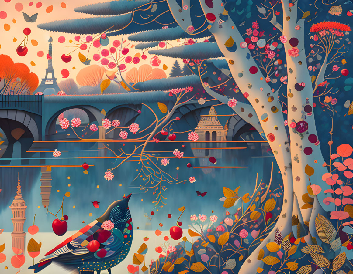 Colorful bird, trees, and Eiffel Tower in scenic illustration