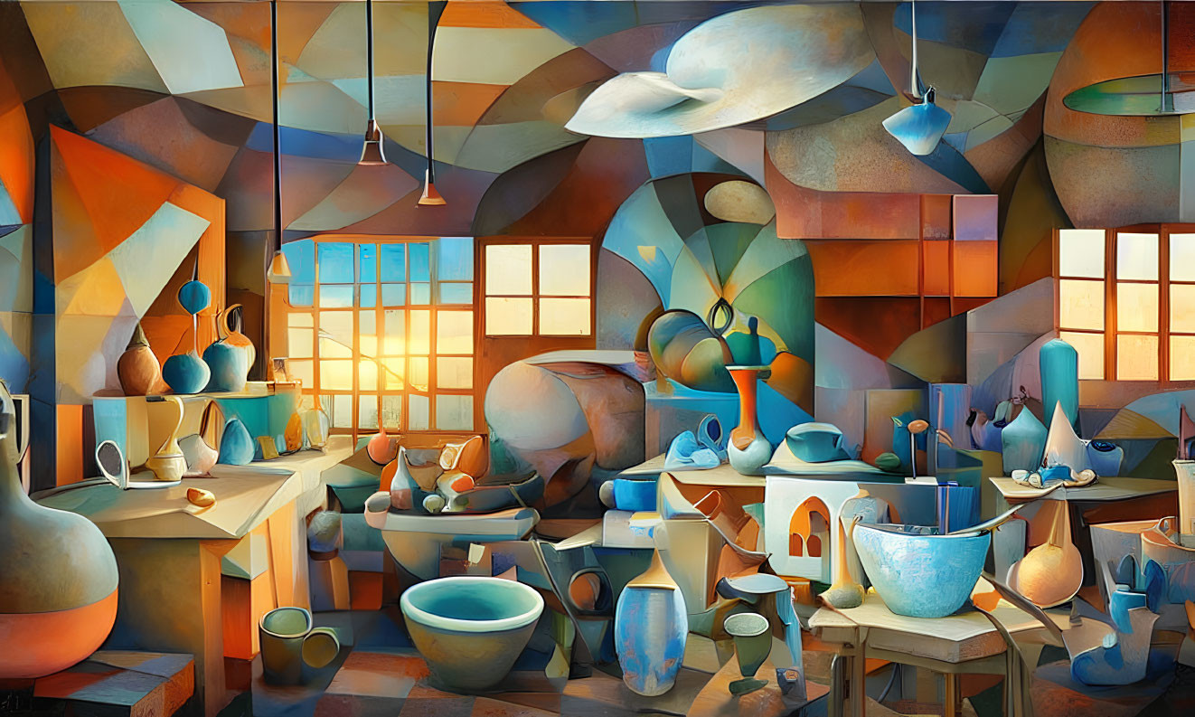Abstract Blue Pottery in Vibrant Studio Setting
