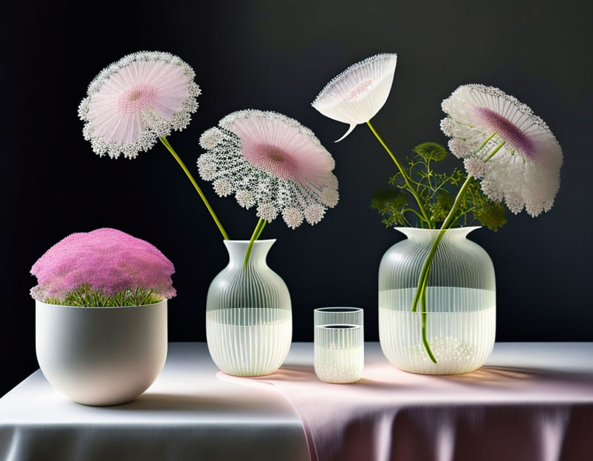 Translucent flowers in vases with pink plant on draped table