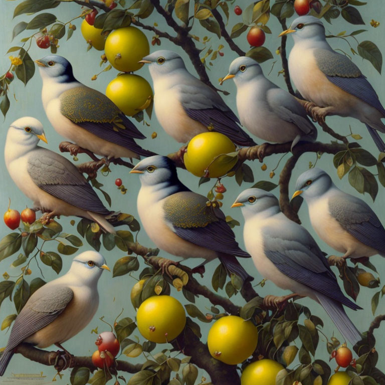 Stylized birds on branches with yellow and red fruits on teal background