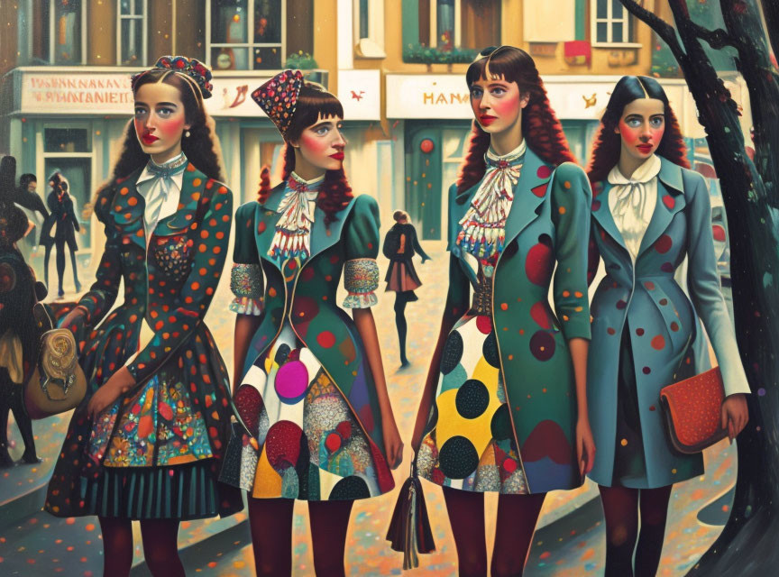 Four Women in Colorful Outfits on City Street