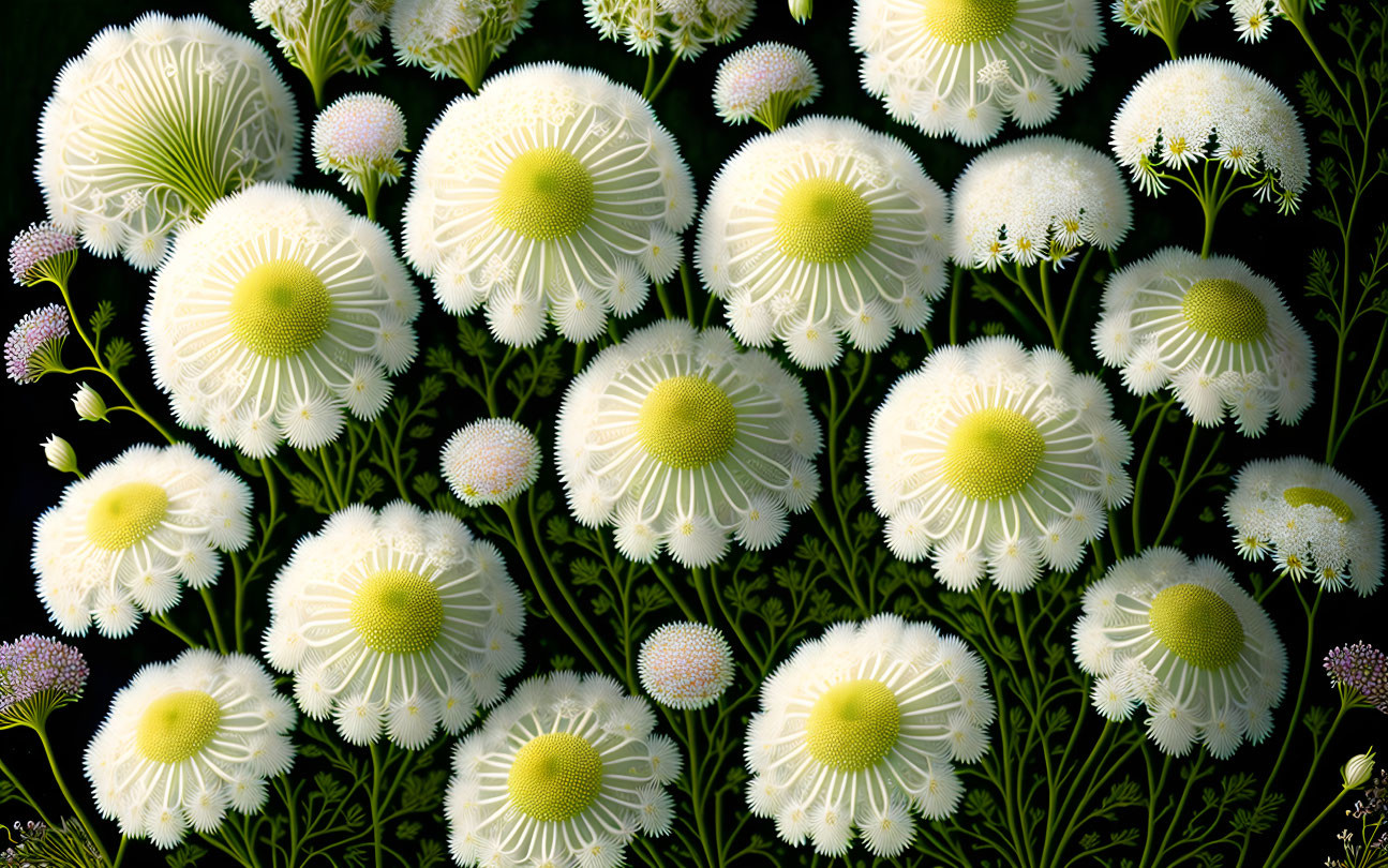 Colorful White Flowers with Yellow Centers on Dark Background