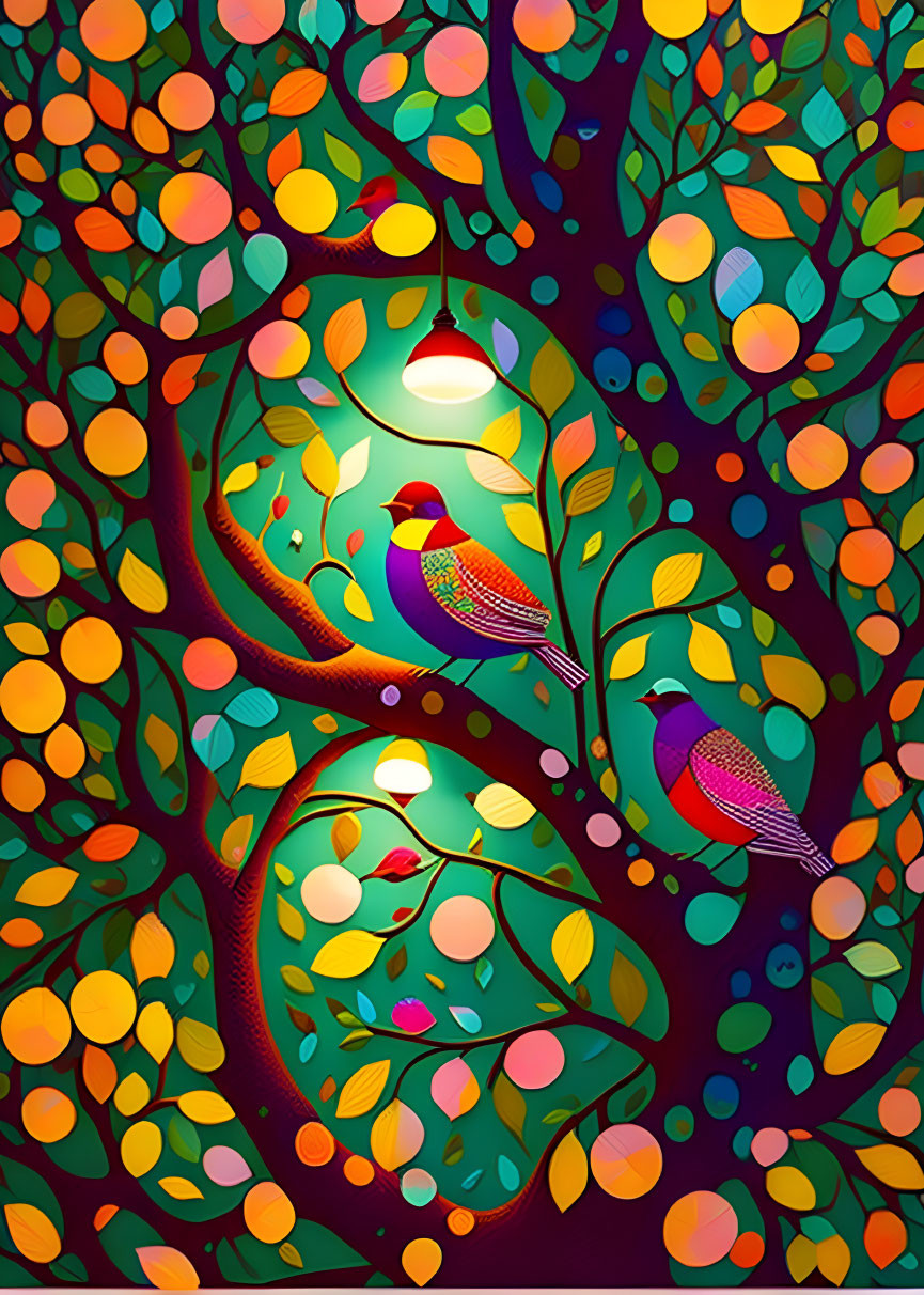 Colorful forest scene with cardinals and lantern.