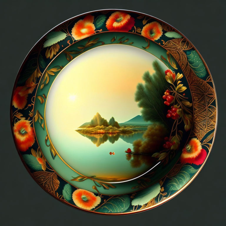 Tranquil lake scene on decorative plate with ornate border and red flowers